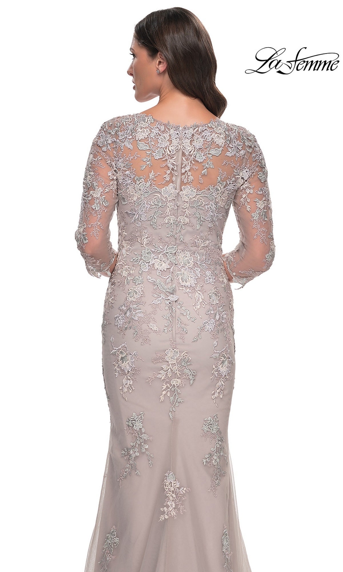Back view of the Long Formal Dress: La Femme 30200, a dusty lilac floor-length mermaid gown with three-quarter sleeves and a floral lace overlay on the bodice.